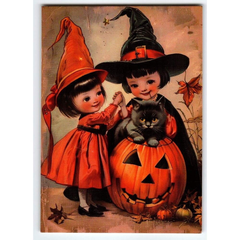 Vintage Halloween Postcard Two Girls Witch Hats Black Cat Jack O'Lantern